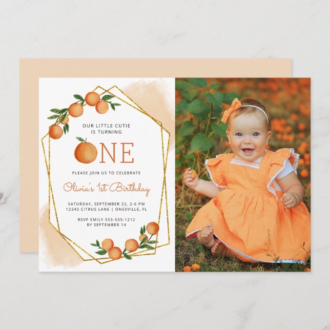 Invitación Foto Naranja de Cutie Primer Cumpleaños (Anverso / Reverso)