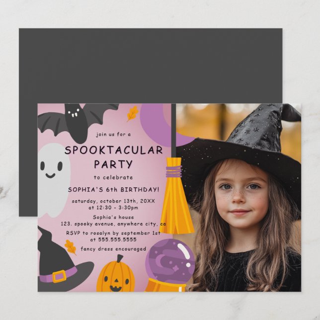 Invitación Foto Naranja morado Cute niños de Halloween Cumple (Anverso / Reverso)