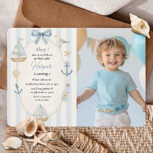 Invitación Foto Nautical Birthday   Barco de vela azul Pastel