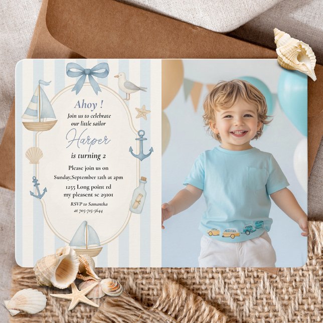 Invitación Foto Nautical Birthday | Barco de vela azul Pastel (Subido por el creador)