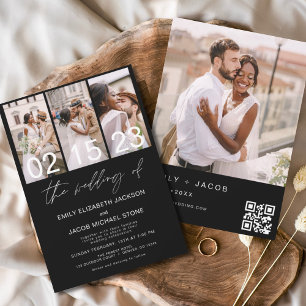 Invitación Foto negra Boda de código QR Minimalista