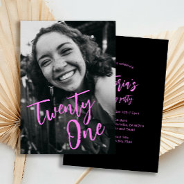 Invitación Foto negra y rosa 21ª Fiesta de cumpleaños