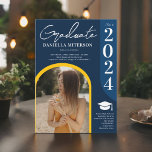 Invitación Foto negrita graduación en azul oscuro en arco 202<br><div class="desc">¡Saludos a la clase de 2024! ¡Sigue adelante con nuestras invitaciones de graduación inspiradas en el retro! Con un diseño de arco audaz y tonos azul marino retro,  con amarillo,  estas invitaciones son perfectas para cualquier graduación de moda boho,  con 2 fotos.</div>