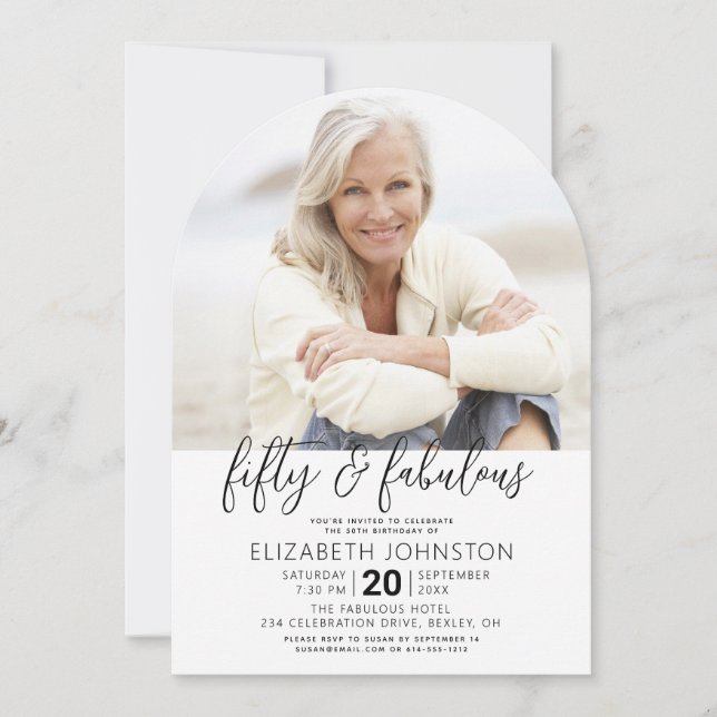 Invitación Foto Negro Blanco 50 Cumpleaños Fabuoso Arco Moder (Anverso)