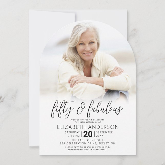 Invitación Foto Negro Blanco 50 Cumpleaños Fabuoso Forma de A (Anverso)