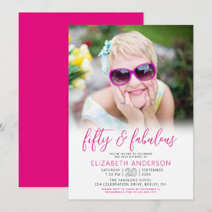 Invitación Foto Negro Blanco Rosa 50 Cumpleaños Fabuloso Mode