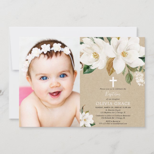 Invitación Foto neutral del bautismo del género floral blanco (Anverso)