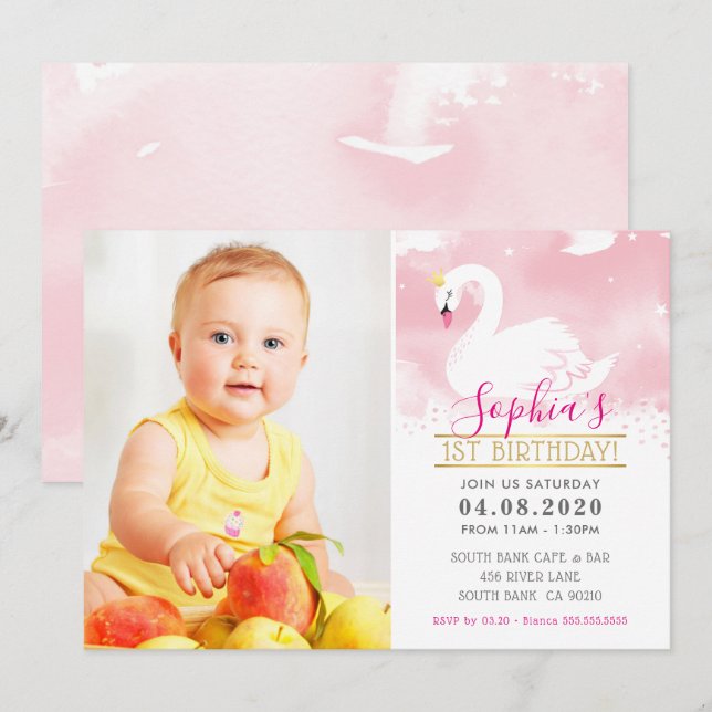 Invitación FOTO NIÑOS CUMPLEAÑOS FIESTA swan princesa linda r (Anverso / Reverso)