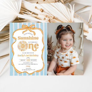 Invitación Foto Nuestro Pequeño Cumpleaños Sol Azul Gingham
