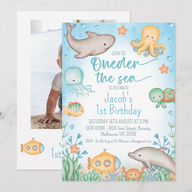 Invitación Foto Océano Azul Oneder The Sea 1er cumpleaños (Anverso / Reverso)