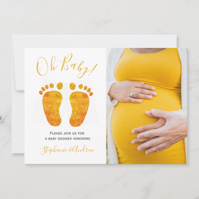 Invitación Foto Oh Baby Gold Feet Couple's Baby Shower (Anverso)