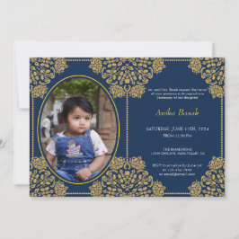 Invitación Foto Ornamentada Annaprashan First Rice Blue Gold
