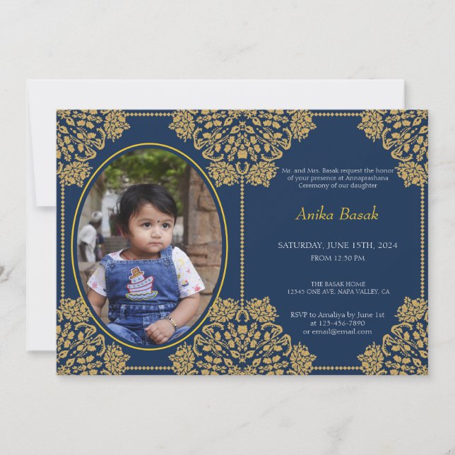 Invitación Foto Ornamentada Annaprashan First Rice Blue Gold (Anverso)