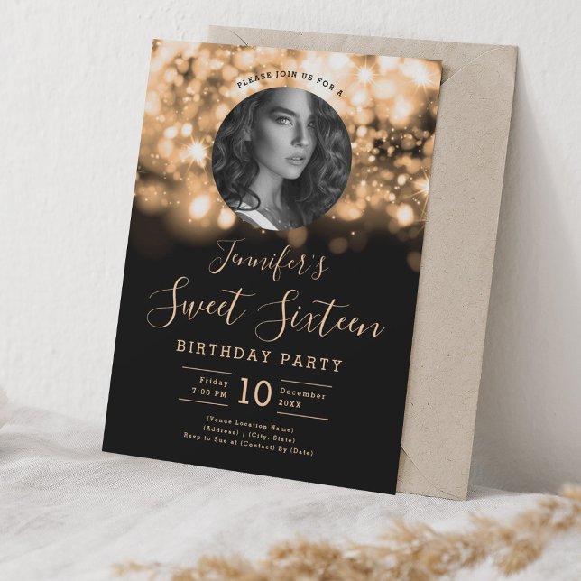Invitación FOTO Oro Hollywood Luces Dulce 16 Fiesta (PHOTO Gold Hollywood Lights Sweet 16 Party Invitation)
