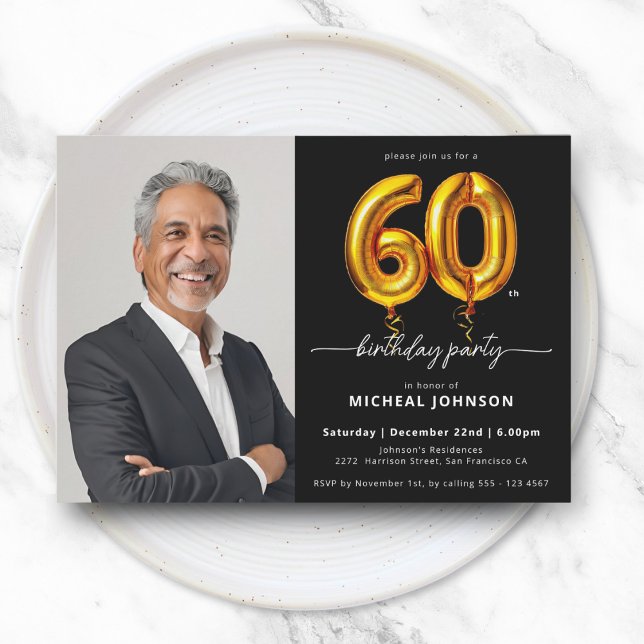 Invitación Foto Oro Negro 60 cumpleaños (Photo Black Gold 60th Birthday Invitation)