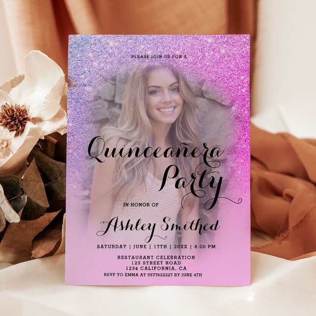 Invitación Foto oscura purpurina rosa moderno Quinceañera (Modern pink glitter ombre photo Quinceañera Invitation)