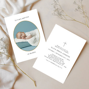 Invitación Foto Oval de oro Bautismo infantil blanco y negro