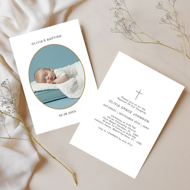Invitación Foto Oval de oro Bautismo infantil blanco y negro (Subido por el creador)