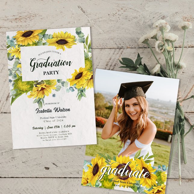 Invitación Foto Partido de Graduación de Guión Girasol (Photo Sunflower Script Graduation Party Invitation)