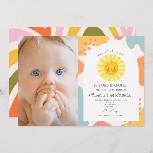Invitación Foto Pastel Cute Sun Retro Wavy Primer cumpleaños (Subido por el creador)