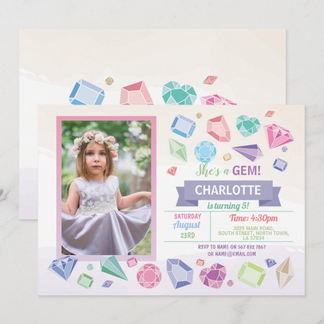 Invitación Foto Pastel del Chica de Cristales de la Gema de C (Anverso / Reverso)