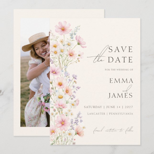Invitación Foto Pastel Flores Silvestres Boda Guardar la Fech (Anverso / Reverso)