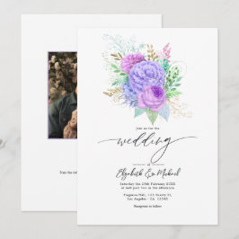 Invitación Foto Pastel Morado y Verde de la Boda de Primavera