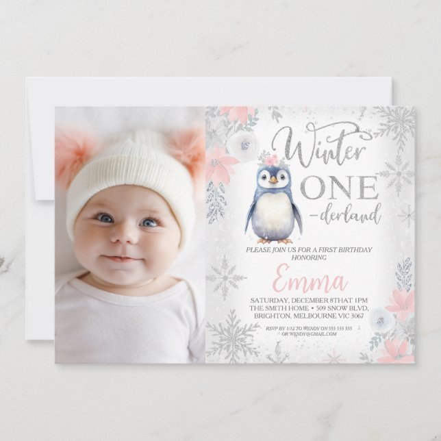 Invitación Foto Penguin de plata Invierno de Onederland Cumpl (Anverso)