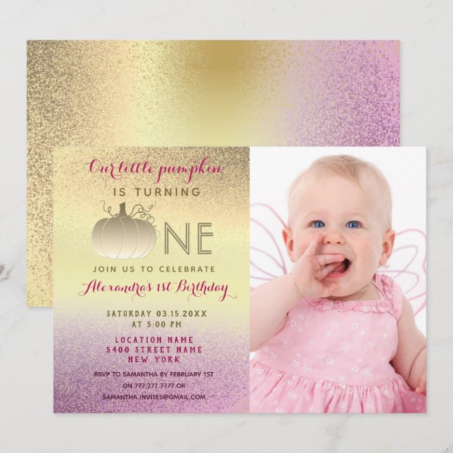 Invitación Foto Pequeña Calabaza Primer cumpleaños, Rosa y Or (Anverso / Reverso)