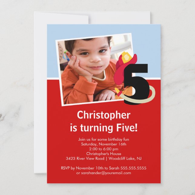 Invitación Foto: Pequeño bombero, fiesta de cumpleaños cinco (Anverso)