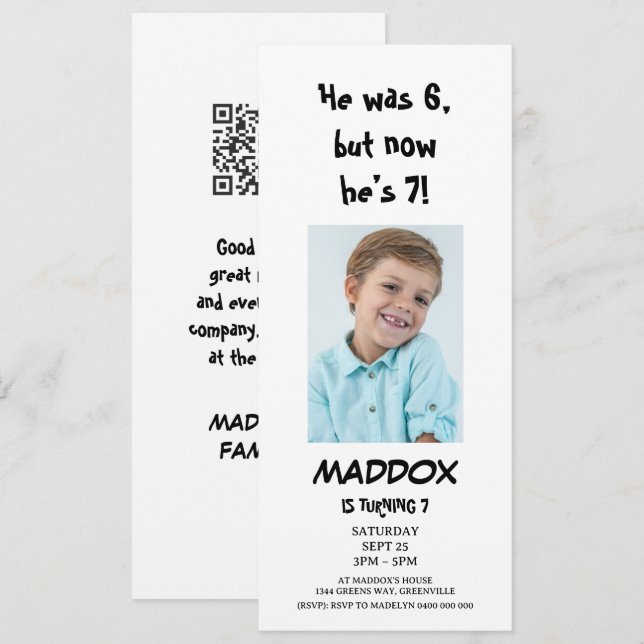 Invitación Foto Personal Simple Cumpleaños 7 con Código QR (Anverso / Reverso)