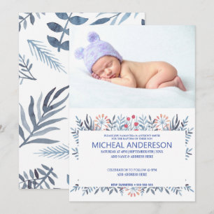 Invitación Foto personalizada Bautizo floral azul