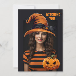 Invitación Foto personalizada con un gorra de brujas de Hallo