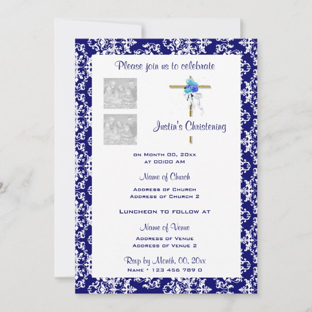 Invitación Foto PERSONALIZADA de damasco azul de Navidad (Anverso)
