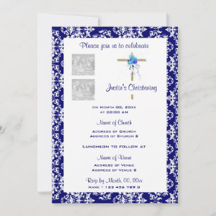 Invitación Foto PERSONALIZADA de damasco azul de Navidad