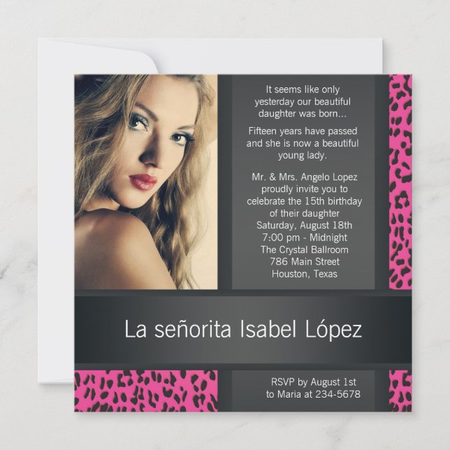 Invitación Foto personalizada de Hot Pink Leopard Quinceanera (Anverso)