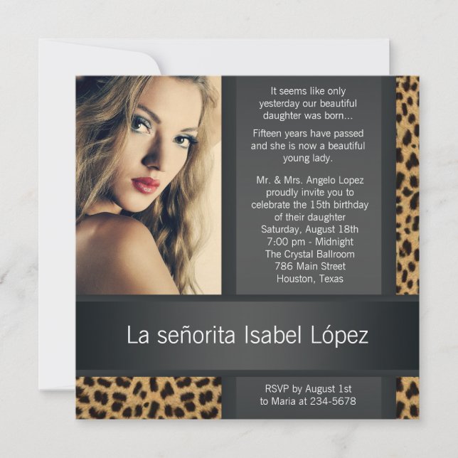 Invitación Foto personalizada de Leopardo Quinceanera (Anverso)