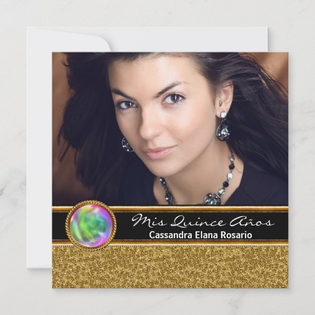 Invitación Foto personalizada de oro negro Quinceanera (Anverso)