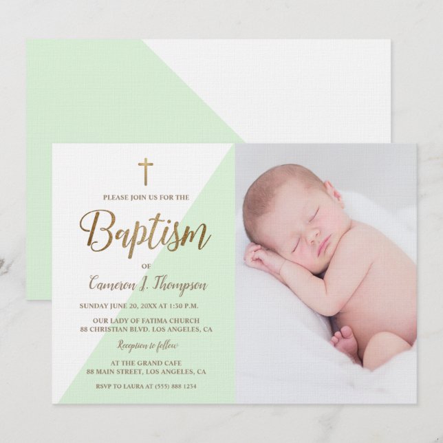 Invitación Foto personalizada del bebé del Bautismo de Oro Bl (Anverso / Reverso)