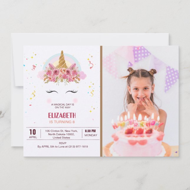 Invitación Foto personalizada del tema de Unicornio de cumple (Anverso)