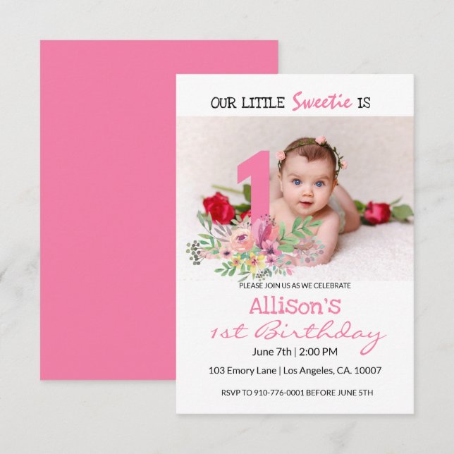 Invitación Foto personalizada | Fiesta del primer cumpleaños  (Anverso / Reverso)