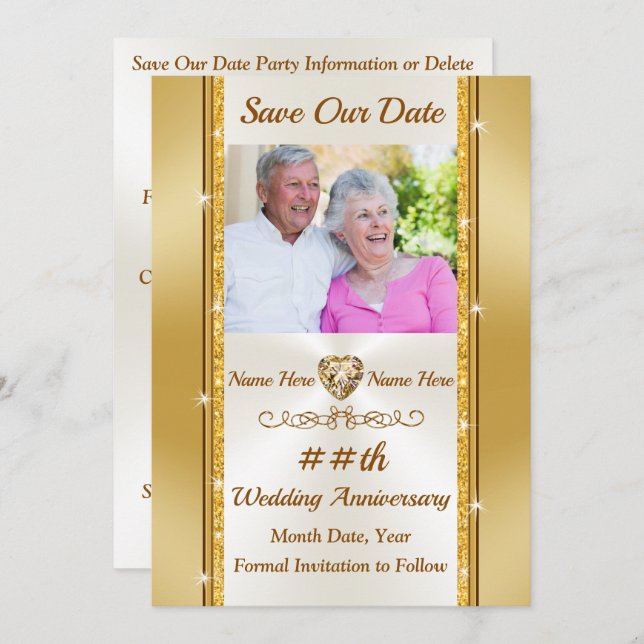 Invitación Foto Personalizada, Guardar la Fecha Dorado y Marf (Anverso / Reverso)