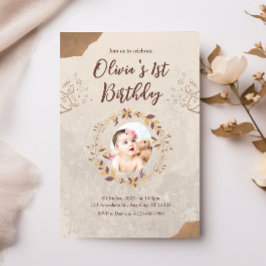 Invitación Foto personalizada Primer cumpleaños Brown