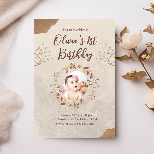 Invitación Foto personalizada Primer cumpleaños Brown (Subido por el creador)