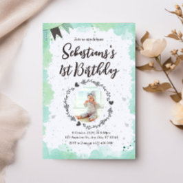 Invitación Foto personalizada Primera acuarela de cumpleaños