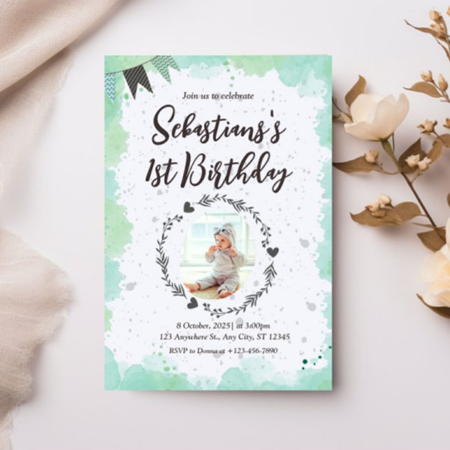 Invitación Foto personalizada Primera acuarela de cumpleaños (Subido por el creador)