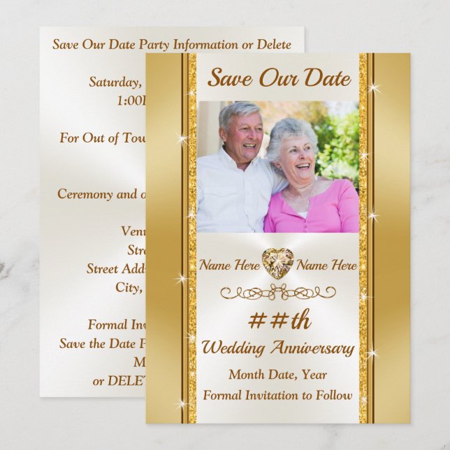 Invitación Foto personalizada, salva la fecha de oro y marfil (Anverso / Reverso)