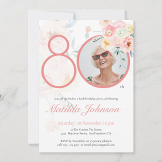 Invitación Foto personalizado acuarela Floral Rosa 80 cumplea