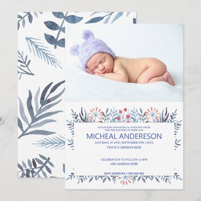 Invitación Foto personalizado Baptismo Floral Azul (Anverso / Reverso)
