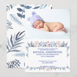 Invitación Foto personalizado Baptismo Floral Azul
